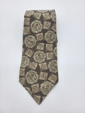 Oscar de la Renta Brown Silk Tie with Cream and Tan Medallions